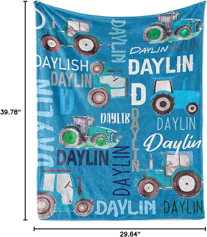 Personalized Tractors Blanket - Custom Name with Farm Tractor Trucks Design - Soft Plush Flannel Bed Blanket for Baby Kid Teen Boys Girls Customized Gifts Blue