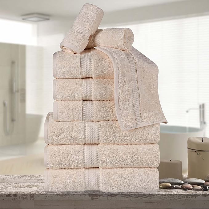 BNM Egyptian Cotton Heavyweight Towels, Ideal For Bathroom, Shower, Spa, Hotel, 800 GSM, Face/ Washcloths, Hand Towels, Bath Towels, Highly-Absorbent, Luxury Home Basics, 9 Piece Towel Set, Cream