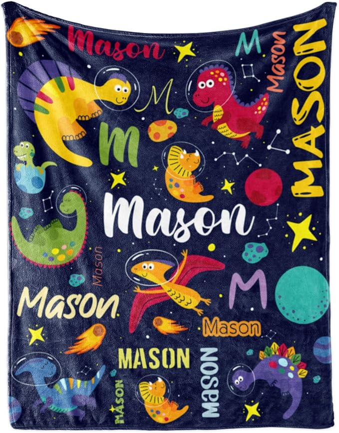 Personalized Dinosaur Blanket for Boys, Custom Name Blanket for Teen Dino Outspace, Soft Flannel Dinosaur Toddler Blanket Customized Gift for Birthday 50"x60"