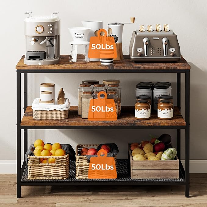 Homleke 39.4" L Kitchen Island with 3 Shelves, Kitchen Shelf with Large Workstation, Bakers Rack, Workbench, Metal Frame, Rustic Brown and Black