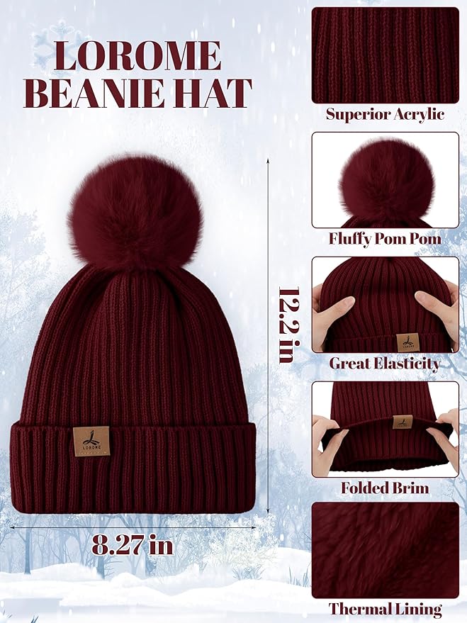 LOROME Women Winter Beanie Hat Scarf Gloves Set, Fleece Knitted Pompom Hat Warm Neck Scarf Touchscreen Gloves Winter Gift