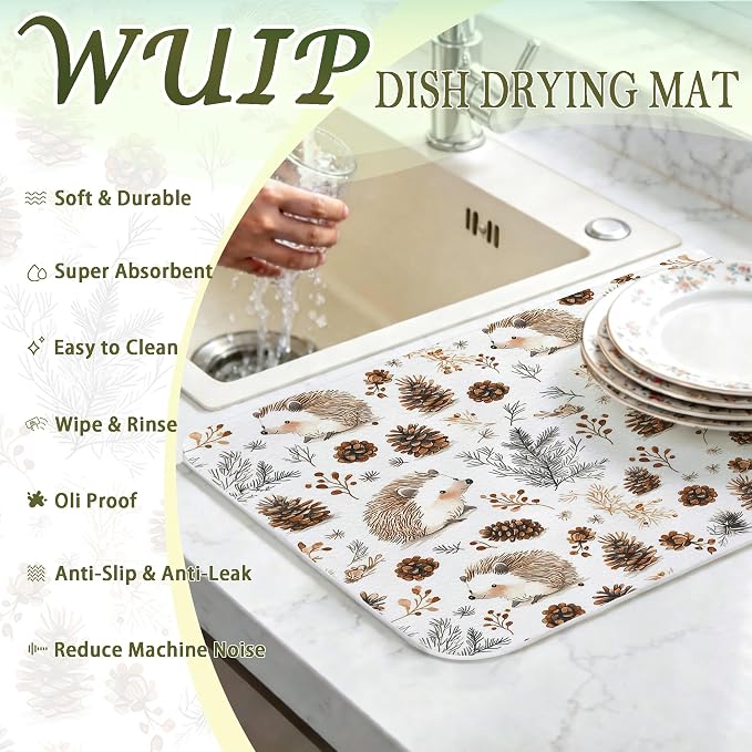 Cute Hedgehog Dish Drying Mats for Kitchen Counter, Hedgehog Gifts, Nature Pine Cone Absorbent Reversible Coffee Bar Mat Drying Pad for Kitchen Decor, 12x15 Inch