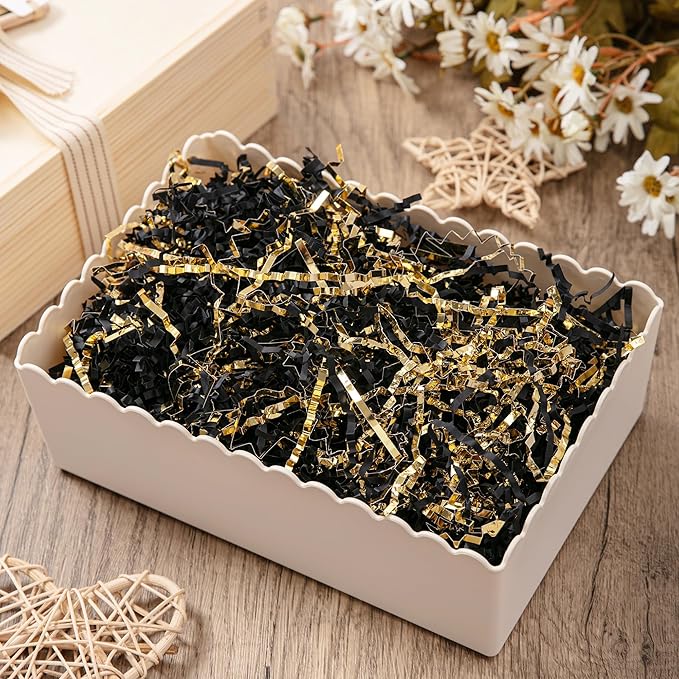 Mefleet 1/2 LB Crinkle Cut Paper Shred Filler 8 oz Black & Gold Crinkle Shredded Paper for Gift Box - Gift Basket Bag Filler - Grass Cushion Stuffing for Easter, Mother's day, Birthday Packaging Wrapping