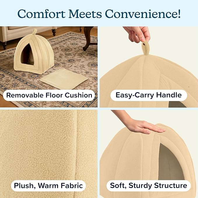 Cat House - Indoor Bed with Removable Foam Cushion - Pet Tent for Puppies, Rabbits, Guinea Pigs, Hedgehogs, and Other Small Animals by PETMAKER (Tan) | Plush Cat Tent Bed for Small Kittens, Rabbits, Guinea Pigs, and Other Small Animals, Comfortable Coz...