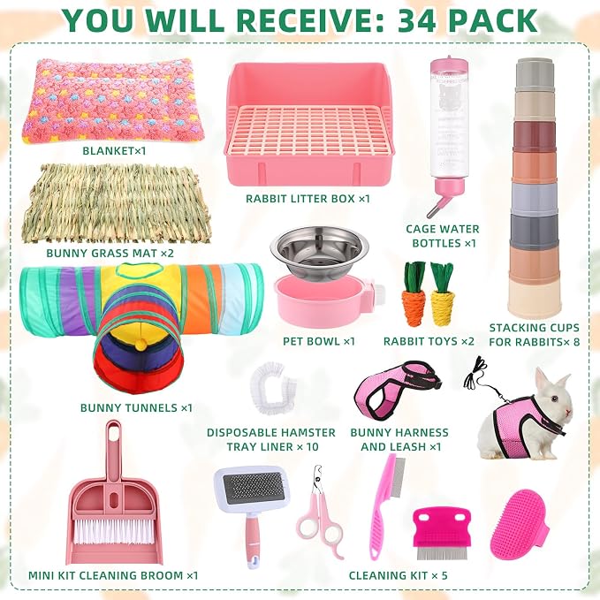 34 Pcs Rabbit Starter Kit Rabbit Litter Box Small Animal Water Bottle Cups Bunny Tunnels Animal Grooming Kit Bowl Blanket with Cleaning Set for Guinea Pig Bunny(Style 1,Light Pink)