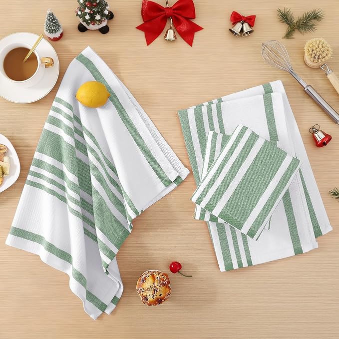 Homaxy Premium Kitchen Towels 18”x 28”, Large Cotton 380 GSM Kitchen Hand Towels, Stripe and Terry Dish Towel, Highly Absorbent Tea Towel Set with Hanging Loop, 8 Pack, Grass Green