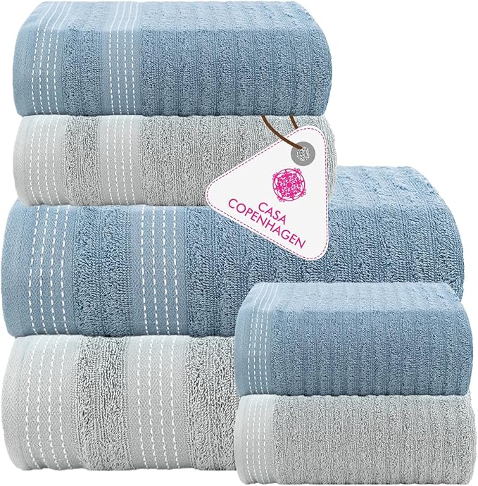 CASA COPENHAGEN Elegance 6 Pieces Towel Set- Grey Violet + Dusty Blue, 550 GSM 2 Bath Towel 2 Hand Towel 2 Washcloth, Designed in Denmark Made of Soft Egyptian Cotton for Bathroom,Kitchen and Shower