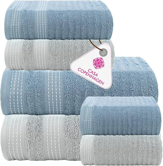 CASA COPENHAGEN Elegance 6 Pieces Towel Set- Grey Violet + Dusty Blue, 550 GSM 2 Bath Towel 2 Hand Towel 2 Washcloth, Designed in Denmark Made of Soft Egyptian Cotton for Bathroom,Kitchen and Shower