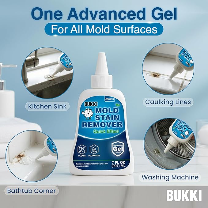 BUKKI Professional Mold Stain Remover Gel (7 FL OZ), Heavy Duty Thick Gel for Shower Grout, Washer Seals, Caulking, Bathrooms, Sinks, Concrete, Pool Tile, Patio, Siding, Marine RV, Surface Cleaner