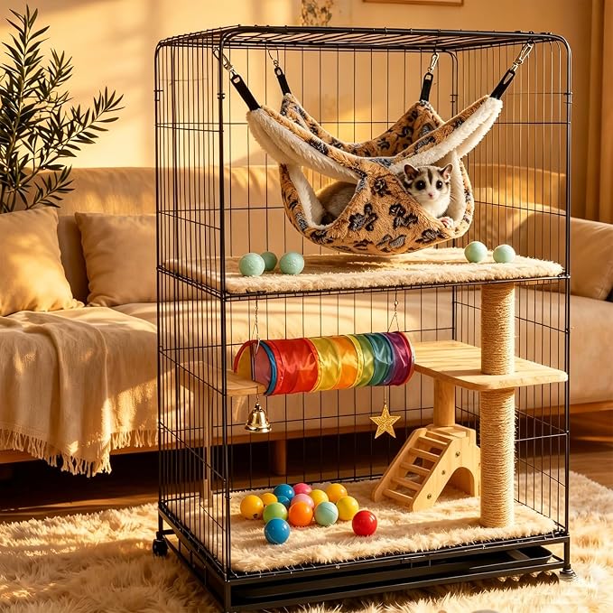 Guinea Pig Ferret Hammock for Cage - Machine Washable Double-Decker Hanging Bed - Fits Sugar Glider,Fancy Rat,Hamster,Gerbil - 13.3" x 13.3" Coffee-Footprints