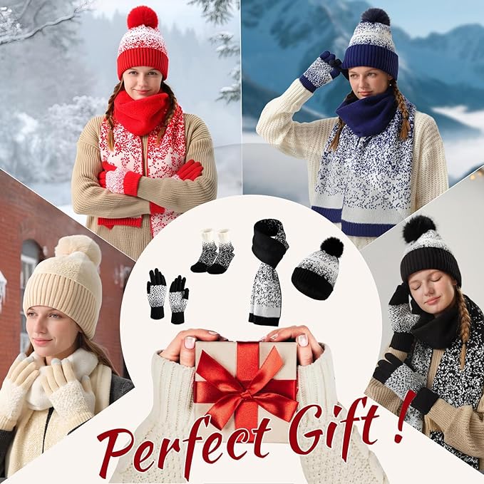 Womens Winter Beanie Hat Scarf Gloves Fuzzy Socks 4 In 1 Set Thermal Fleece Knitted Hat Warm Long Scarf Cold Weather