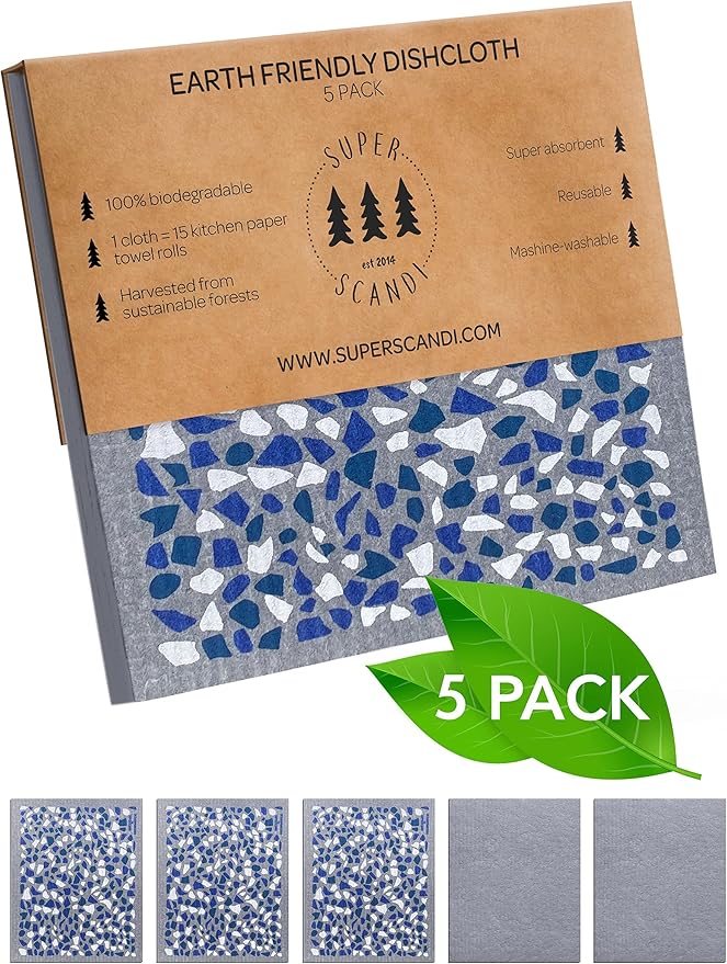 SUPERSCANDI 5 Pack Swedish Dishcloths for Kitchen - 100% Biodegradable & Compostable Reusable Paper Towels Washable, Food-Safe & Without Plastic - Dish Rags Suitable for Any Surface, Terazzo Grey