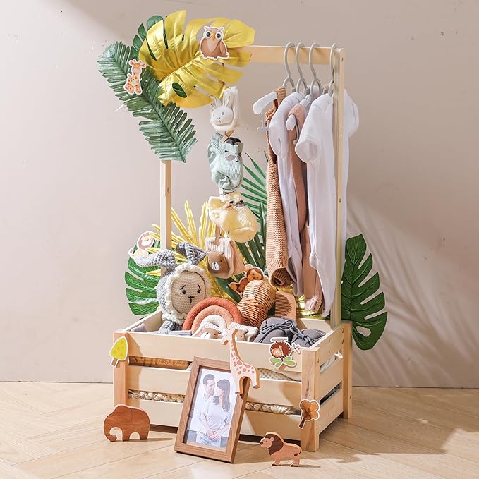 Wooden Baby Shower Crate - Baby Shower Basket Gift Set with Milestone Card, Eucalyptus Leaves, Tassel Bead String, Burlap Tape & More for Baby Showers, Nursery Decor & Photo Props