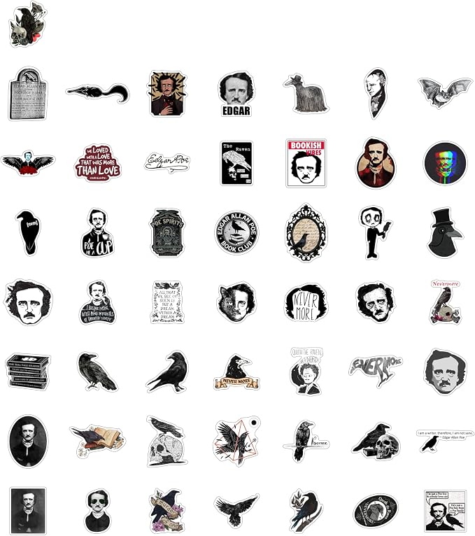 100Pcs Edgar Allan Poe Stickers for Water Bottle and Laptop - Edgar Allan Poe Party Supplies & Decorations, Waterproof Vinyl Decals, Literature and Gothic Stickers, Gifts for Women & Men