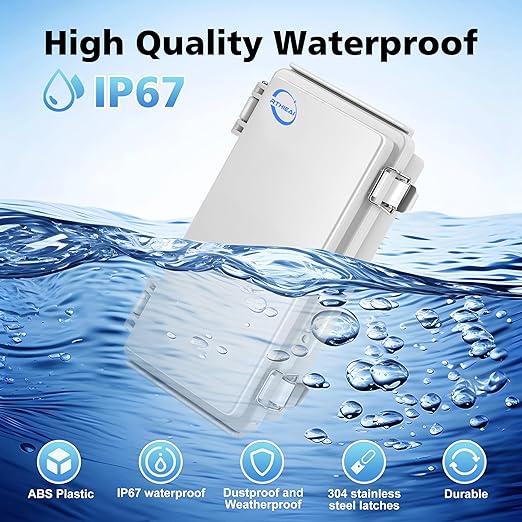 Waterproof Outdoor IP67 Junction Box (7.9"x3.9"x2.8") with Mounting Plate, Hinged Grey Cover and Wall Brackets - Weatherproof ABS Plastic Electrical Enclosure for DIY Projects (200x100x70mm)