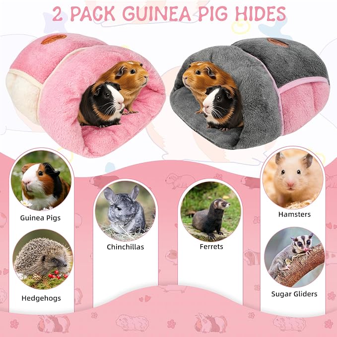 YUEPET 2 Pack Guinea Pig Bed, Guinea Pig Cuddle Sack, Grey & Pink | Guinea Pig House, Portable Guinea Pig Hideout, Soft Coral Fleece Pocket Guinea Bed, Washable Cushion