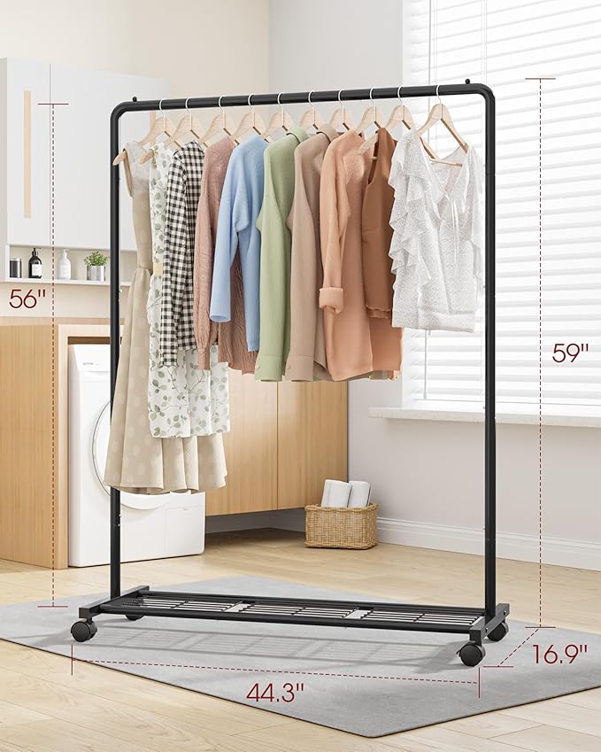 Clothes Rack - Clothing Rack with Storage Mesh Shelf & Casters, Heavy-Duty Metal Clothing Rack for Hanging Clothes, Dresses, Coats, Large Load Capacity, Easy Assembly, Black, 44.3"x16.9"x59.0"