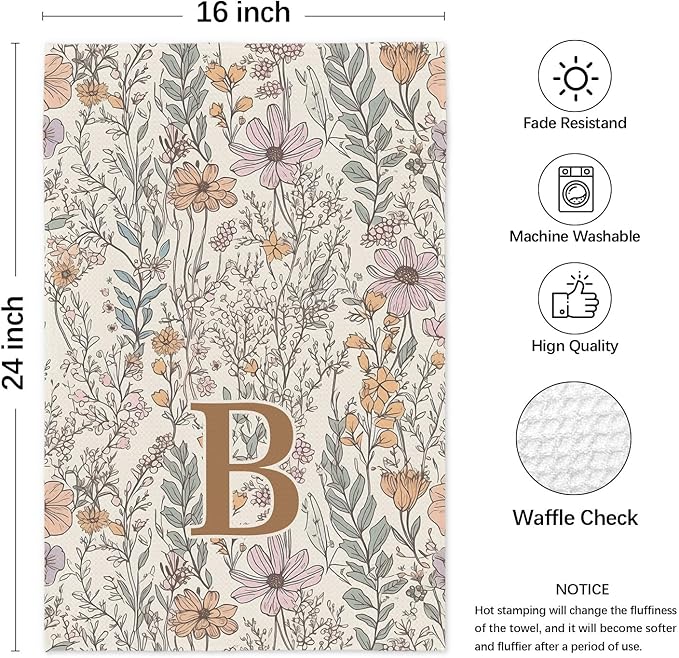 Initial B Personalized Floral Kitchen Towels Dish Towel, Custom Hand Towels for Bathroom, Monogrammed Gifts for Women Mom, Boho Floral Decorative Kitchen Towels Tea Towel, 16x24 Inch