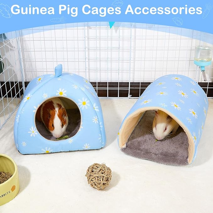 Guinea Pig Hideout, Bienbee Washable Rabbit Bed with Guinea Pig Tunnel, 2 Pack Guinea Pigs Toys Set Bunny Hideout Cage Accessories for Hamster Ferret Rabbits Bunny, Blue Daisy