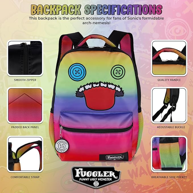 AI ACCESSORY INNOVATIONS Fuggler Backpack with Big Face Oogah Boogah Character, Rainbow Gradient, 16 Inch, Polyester, 3 Pockets, Adjustable Straps, for Kids Ages 5-12