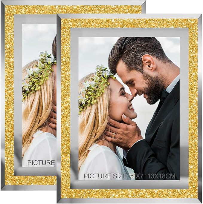 5x7 Picture Frames Gold - Set of 2, Sparkle Real Glass Photo Frame 5 by 7 with Silver Mirrored Edge, for Tabletop Display, Wedding Birthday Christmas Day Gifts (5 x 7, Glitter Gold)