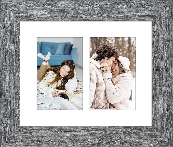 8x10 Picture Frame Display Double 4X6 Picture Frame Collage,Multi Photo Frame with Mat,Plexiglass,Wall or Tabletop Decor,Grey Wood Grain