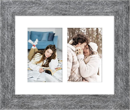 8x10 Picture Frame Display Double 4X6 Picture Frame Collage,Multi Photo Frame with Mat,Plexiglass,Wall or Tabletop Decor,Grey Wood Grain