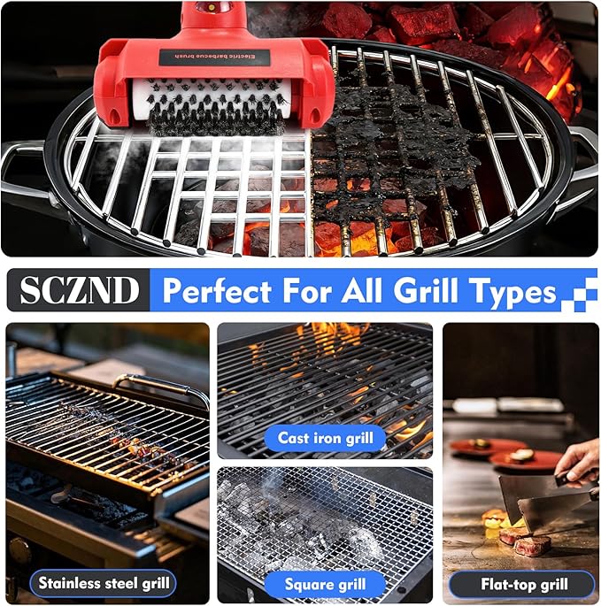 Upgraded Electric Grill Brush, Cordless Rechargeable BBQ Grill Cleaner with 2 Stainless Steel Head, 1 Cleaning Stone, IPX3 Waterproof, Safety Lock & LED Light for Outdoor Grill Grates
