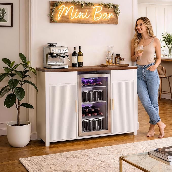 GDLF Large Coffee Bar Cabinet with Fridge Space, Mini Fridge Cabinet with Wine Storage, Buffet Sideboard Table for Home, Fluted Modern Design,53.2" L，White