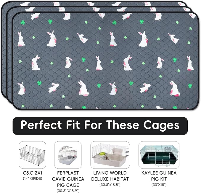 3 Pack Guinea Pig Cage Liners, Washable Guinea Pig Pee Pads Waterproof Reusable & Anti Slip Guinea Pig Bedding Fast and Super Absorbent Pee Pad Tarp Bottom for Small Animals (Rabbit Pattern 24" X 47")