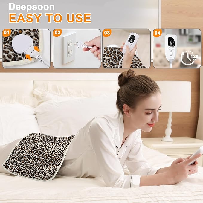 Deepsoon Heating Pad,Electric Heating Pads for Back,Neck,Abdomen,Moist Heating Pad for Shoulder,Knee,Arms,Legs,Dry/Moist Heat & Auto Shut Off,Christmas Gifts for Men and Women,Leopard Print,24x12 Inch
