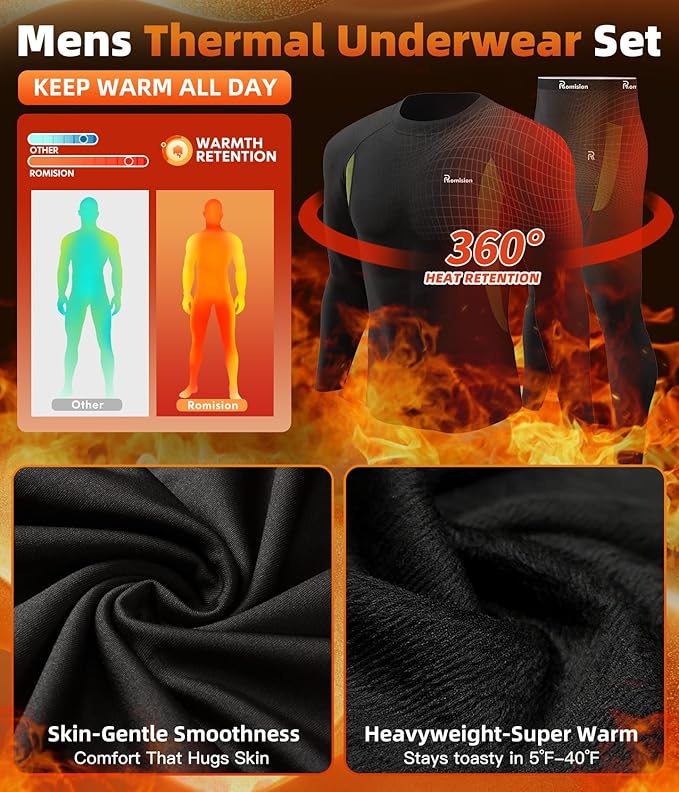 romision 2 Pack Thermal Underwear for Men Long Johns Fleece Lined Hunting Gear Bottom Top Set Base Layer Cold Weather XS-4XL
