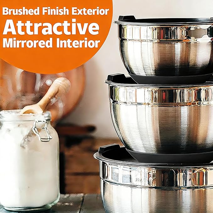 Umite Chef Mixing Bowls with Airtight Lids, 26Pcs Stainless Steel Bowls Set, 3 Grater Attachments & Black Non-Slip Bottoms Size 7, 4, 2.5, 2.0,1.5, 1QT, Great for Mixing & Serving