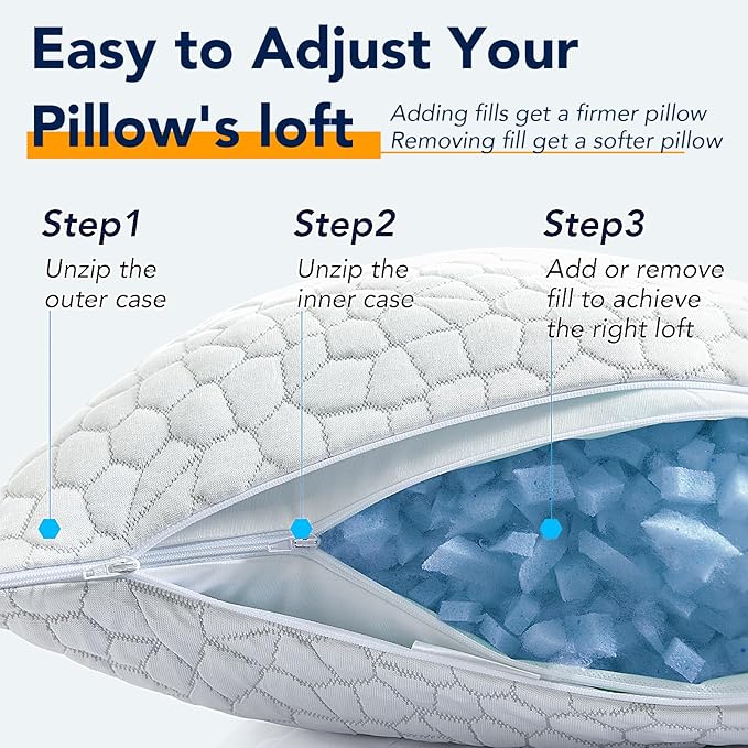 QUTOOL Cooling Pillow for Sleeping, CertiPUR-US Shredded Memory Foam Queen Pillow Set of 1, Cool Pillow for Hot Sleepers Adjustable Firm Pillow for Side, Back, Stomach Sleepers Soft Yet Support, White