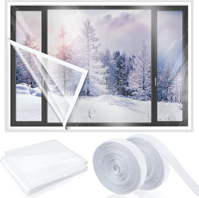 63 Inch X 20 ft Window Insulation Kit Cuttable Transparent Film with Adhesive Straps Reusable Window Plastic for Winterizing Thicken Thermal Waterproof Attic Insulation Cover Warm Winter