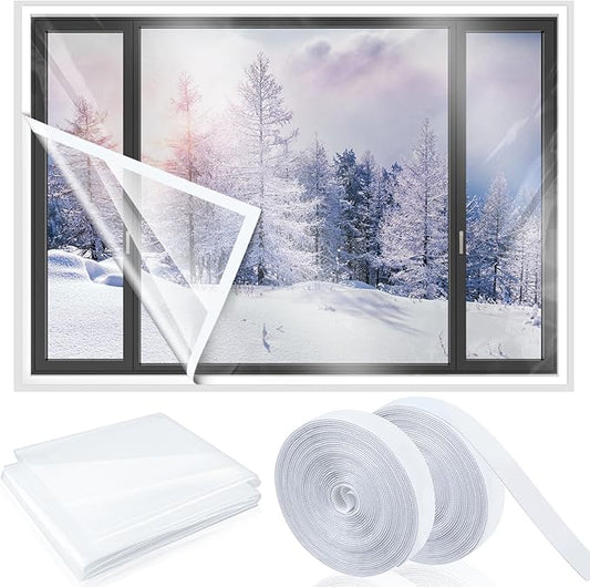 63 Inch X 20 ft Window Insulation Kit Cuttable Transparent Film with Adhesive Straps Reusable Window Plastic for Winterizing Thicken Thermal Waterproof Attic Insulation Cover Warm Winter