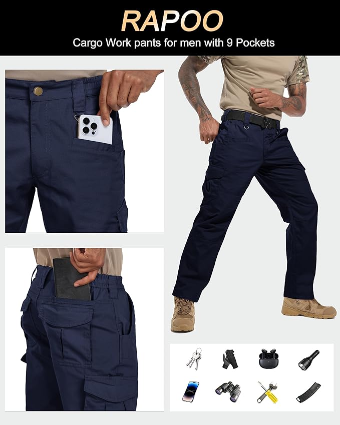 Rapoo Ripstop Water Resistant Cargo Tactical Pants for Men EDC Hiking Work Military Army Pants with 9 Pockets