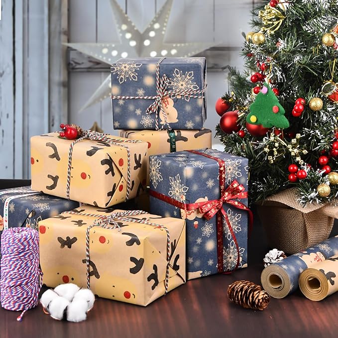 AhfuLife 2 Rolls Christmas Wrapping Paper - 17 Inch × 49.2 Feet Per Roll, Recyclable Kraft Xmas Wrapping Paper Roll for Kids Christmas Gift Box Birthday Party Decoration -138 sq. ft. ttl (L: Blue Snowman/Reindeers)