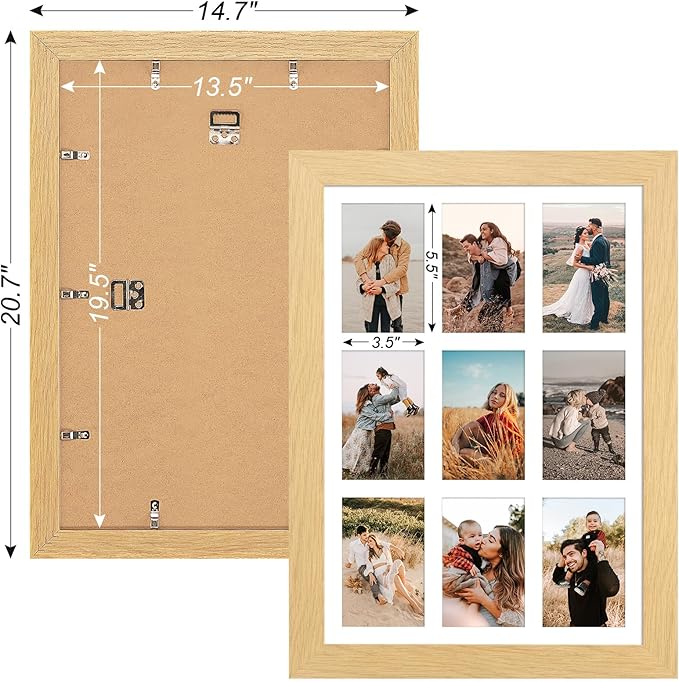 13.5x19.5 Picture Frame Display 9 opening 4X6 Picture Frame Collage,Multi Photo Frame with Mat,Plexiglass,Wall or Tabletop Decor,Natural Wood Grain