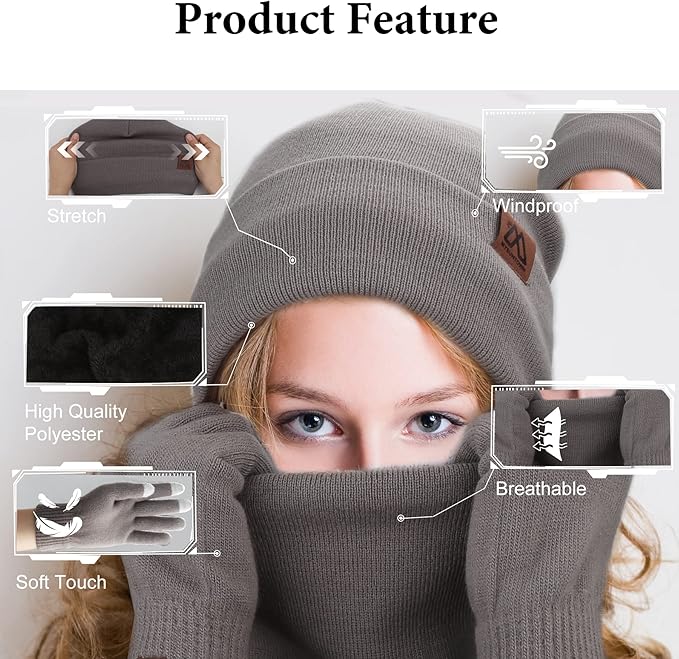 mysuntown Winter Beanie Hat Scarf and Touch Screen Gloves 3-Piece Set, 2025 Cold Weather Knit Fleece Lined Warm Unisex Sets