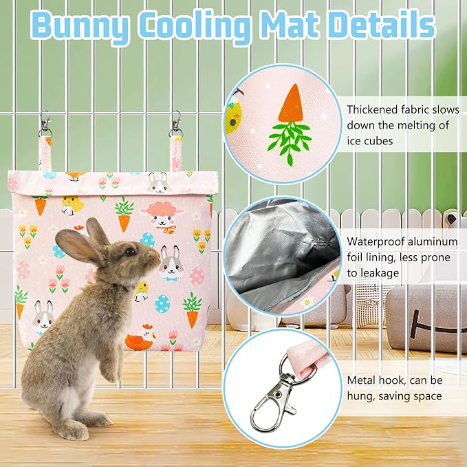 Rabbit Cooling Pouch with 2 Ice Boxes Small Animal Hanging Cooling Pad Set for Cage No Condensation Bunny Cooling Mat Washable Ice Bag for Guinea Pig Chinchilla (Style A)