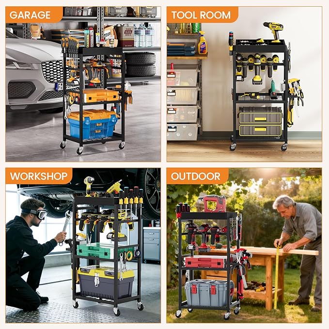 Snughome 4-Tier Tool Organizer Cart with Magnetic Tool Holder Strip, Tool Rack for Garage 300 lbs Heavy Duty Utility Rack for Workshop, Rolling Power Drill Holder & Tool Storage Cart, Gift for Men