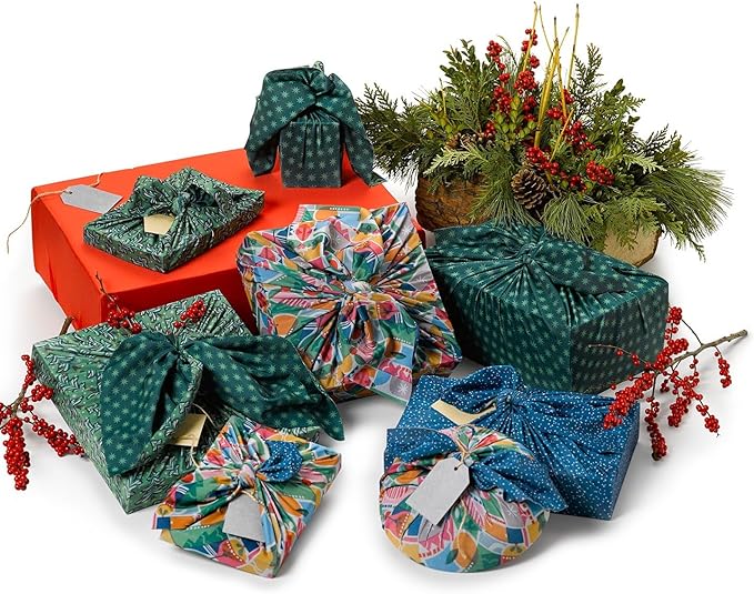 SHIKIWRAP Reusable Cloth Gift Wrap – 9-Pack Set, 3 Festive Patterns, Holiday Collection - Eco-Friendly, Reversible, Stretchy Furoshiki Fabric Wrap for Holidays, Special Occasions & Sustainable Living