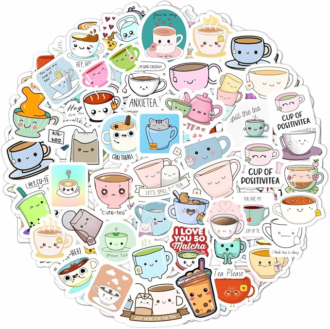 Cute Tea Cup Stickers, Tea Stickers for Water Bottle and Laptop - Tea Cup Party Supplies & Decorations, Waterproof Vinyl Drink Decals, Gifts for Women & Men