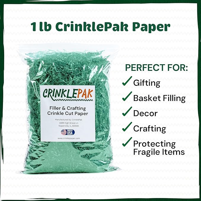 1 LB USA Made crinkle paper filler | Paper Shred Filler for Shipping packages, Gift Wrap, Great packing paper for gift basket filling, Birthdays, Weddings, and Anniversaries | Light Green
