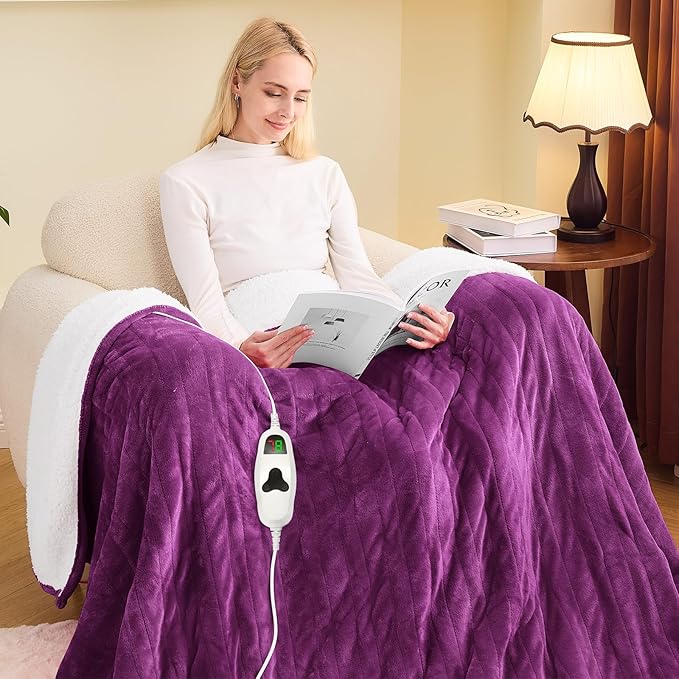 greenoak Heated Blanket Electric Twin 62"X84", Heating Blanket with 10 Heat Levels 1/2/4/6/8 Hours Auto-Off, Soft Flannel Sherpa Warm Heater Christmas Blanket,Taro Purple
