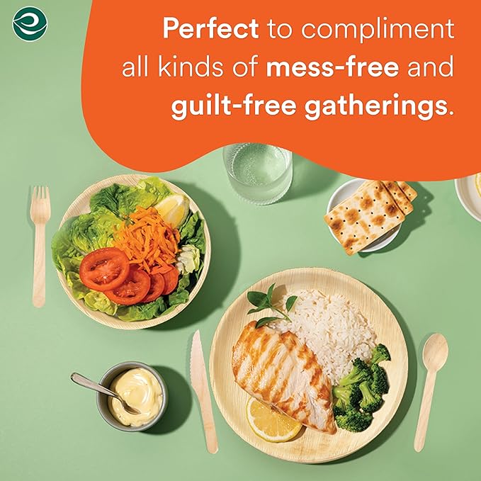 ECO SOUL 100% Compostable Palm Leaf Dinnerware Set For 75 Guests [10", 6" Round plates 75 Count each | Fork, Knife, Spoon,100 Count each] | Biodegradable Disposable Utensils for Wedding, Parties & BBQ