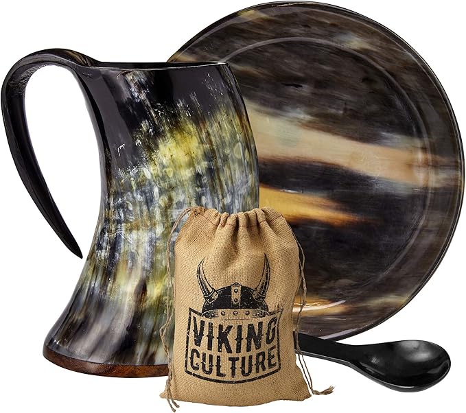 Viking Culture Coffee Horn Mug with Spoon, Plate and Bag, 3 Pc Set, Horned Handle with Rustic Natural Finish, Safely Holds Hot and Cold Tea, Cocoa, Wine, Beer or Mead