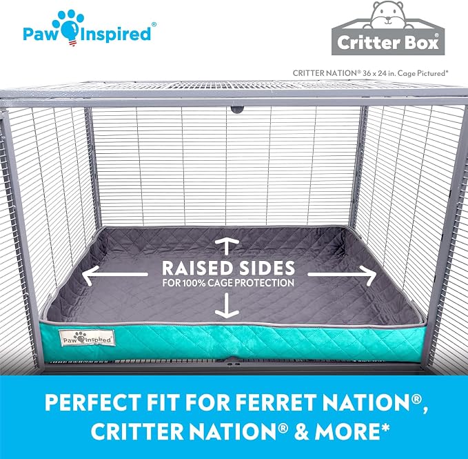 Paw Inspired Reversible Critter Box, Critter Nation Size, Gray/Green | Washable Fleece Liner for Critter Nation/Ferret Nation Cage, Raised Sides, Bedding, Edge Protected Pee Pads for Small Pets