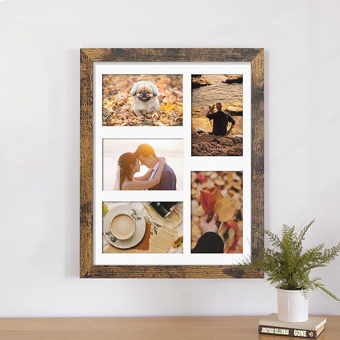 11x14 Collage Picture Frame, 4x6 Collage Picture Frame, Displays Five 4x6 inch Photos, or 11x14 (Without Mat) Wall Decor Wall Hanging or Tabletop, Brown.